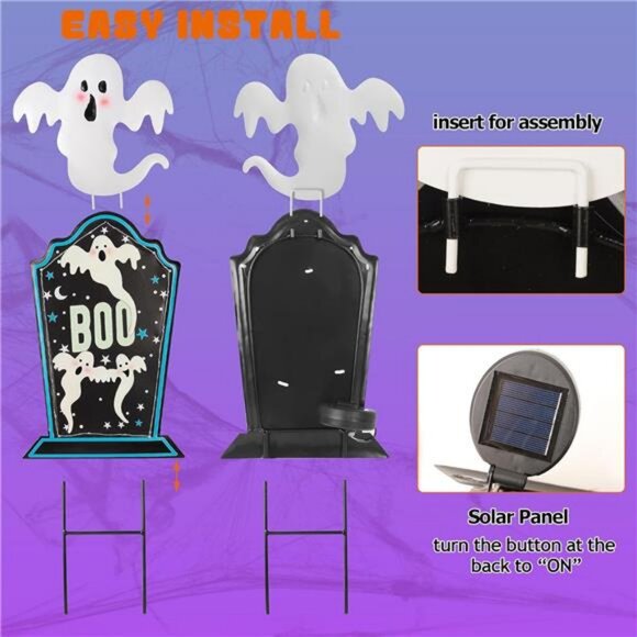 Halloween Yard Stake, 26.4" Solar Lighted Metal Tombstone with Glow in the dark - Picture 3 of 8